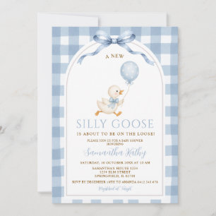 Invitación Dusty Blue Gingham Nuevo Silly Goose Bow Baby Show