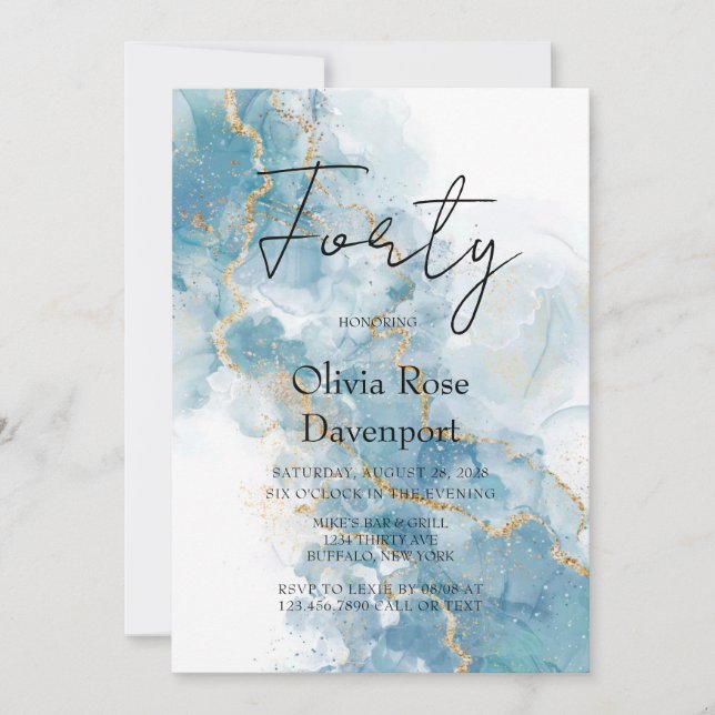 Invitación Dusty Blue & Gold Alcohol Ink 40 Fiesta de cumplea (Anverso)