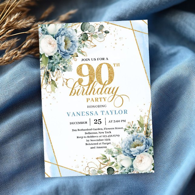 Invitación Dusty blue gold botanicals frame 90th birthday  (Dusty blue gold botanicals frame 90th birthday celebration)