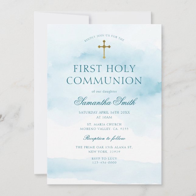 Invitación Dusty Blue Gold Cross - Primera Comunión Santa (Anverso)