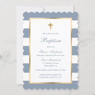 Invitación Dusty Blue Gold Cross Stars Baptism a rayas