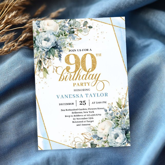 Invitación Dusty blue gold elegant florals 90th birthday card (Dusty blue gold elegant florals 90th birthday party card)