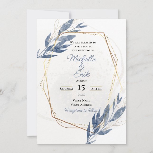 Invitación Dusty Blue Gold Elegant Moderno Boda De Lujo Inv (Anverso)
