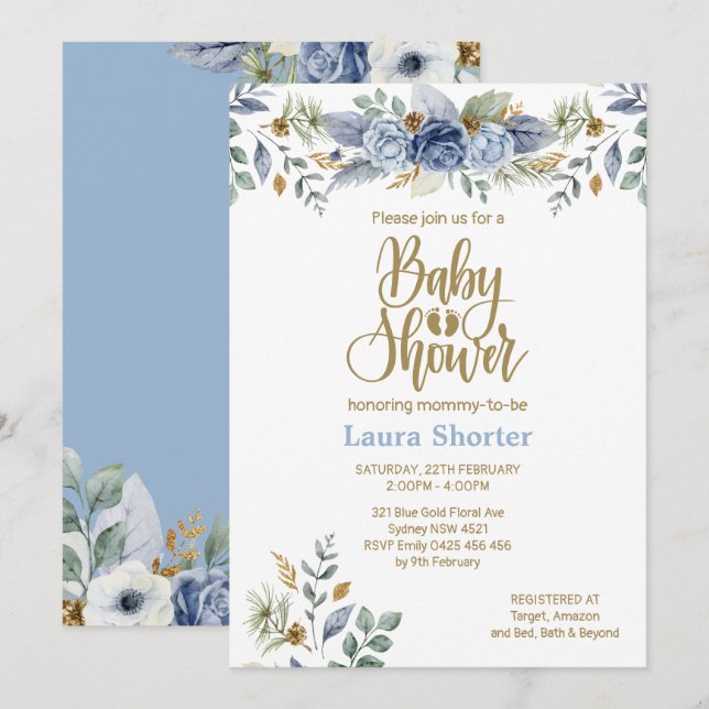 Invitación Dusty Blue Gold Floral Boy Baby Shower (Anverso / Reverso)