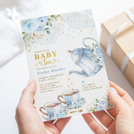 Invitación Dusty Blue Gold Floral Boy Baby Shower Tea Fiesta