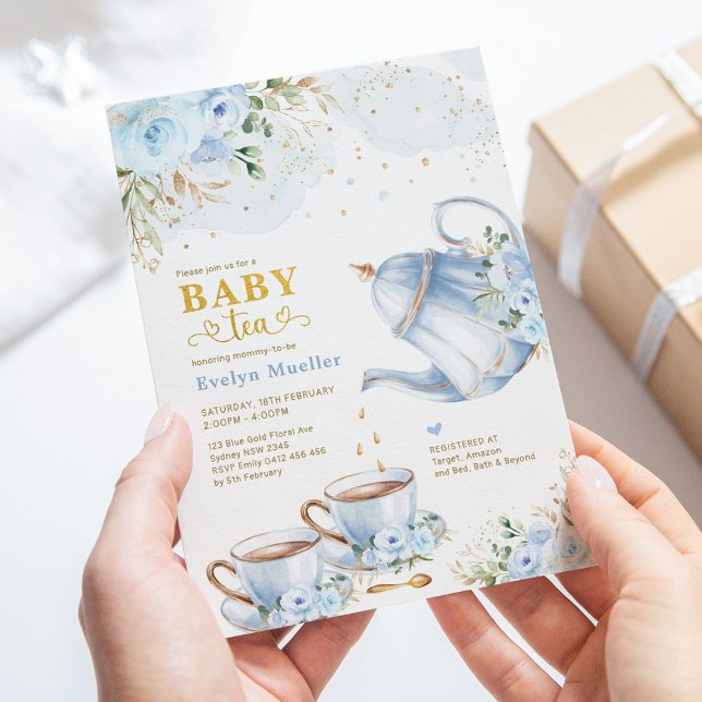 Invitación Dusty Blue Gold Floral Boy Baby Shower Tea Fiesta (Subido por el creador)