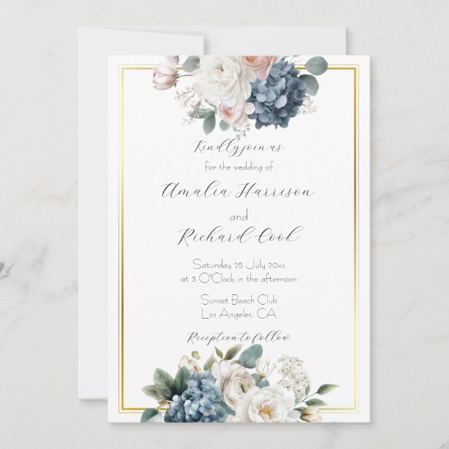 Invitación Dusty Blue Gold Floral Customizable Wedding  (Anverso)