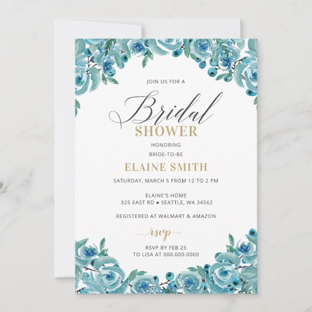 Invitación Dusty Blue Gold Floral Moderna Ducha Bridal (Anverso)