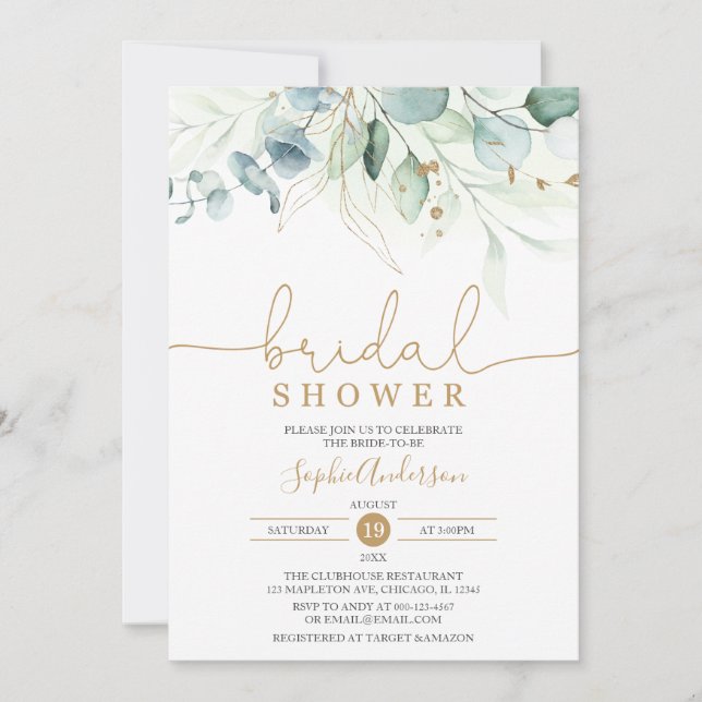 Invitación Dusty Blue Gold Greenery Eucalyptus Bridal Shower (Anverso)