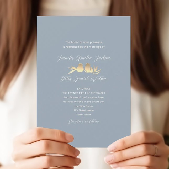 Invitación Dusty Blue Gold Lovebirds Wedding (Subido por el creador)