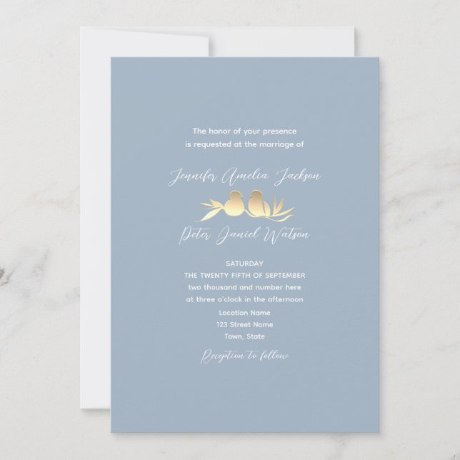 Invitación Dusty Blue Gold Lovebirds Wedding (Anverso)