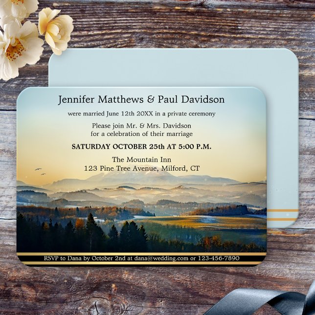 Invitación Dusty Blue Gold Pintado en la recepción de Bodas d (after wedding, wedding reception only,  or post wedding invitation featuring a painted mountain land)