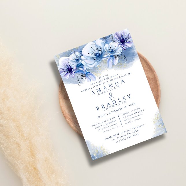 Invitación Dusty Blue & Gold Purpurina Boda ensayo Cena (Subido por el creador)