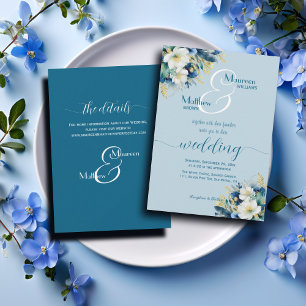 Invitación Dusty Blue Gold Purpurina Floral y Boda de detalle