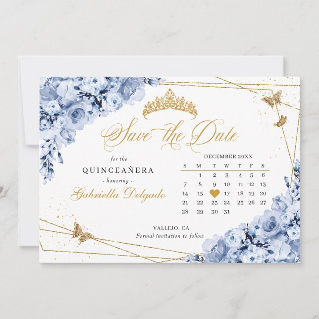 Invitación Dusty Blue & Gold Quinceañera Guardar La Fecha (Anverso)