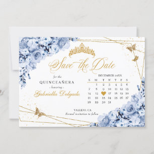 Invitación Dusty Blue & Gold Quinceañera Guardar La Fecha