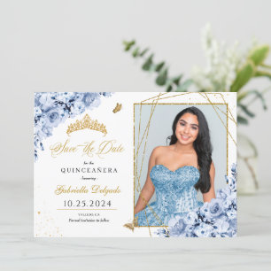 Invitación Dusty Blue & Gold Quinceañera Guardar la foto de l
