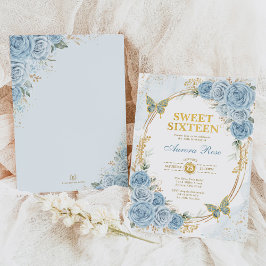 Invitación Dusty Blue Gold Rosas Dulce Dieciséis Cumpleaños