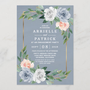 Invitación Dusty Blue Gold Rubor Pink Engagement Party