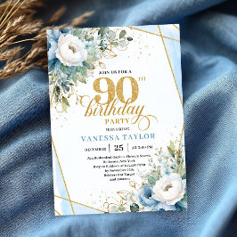 Invitación Dusty blue gold script frame modern 90th birthday