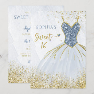 Invitación Dusty Blue Gold Sparkle Vestido dulce de 16 años