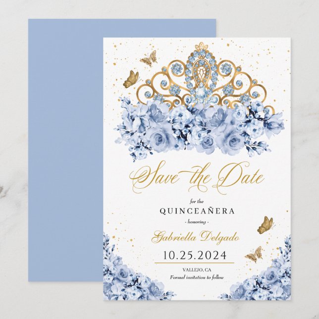 Invitación Dusty Blue & Gold Tiara Salvar La Fecha Quinceañer (Anverso / Reverso)