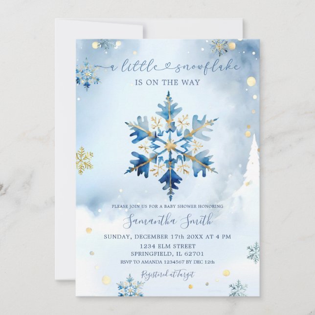 Invitación Dusty Blue Gold Winter Snowflake Baby Shower (Anverso)