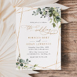 Invitación Dusty Blue Green Gold Eucalyptus Greenery Boda<br><div class="desc">Esta elegante colección presenta hojas de color agua mezcladas,  junto con un elegante tipo de letra de serif y sans delicados en negro,  con un monograma en la parte posterior. Elementos coincidentes disponibles.</div>