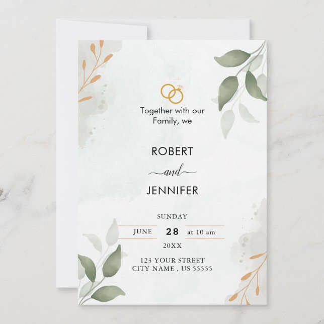 Invitación Dusty Blue Green Gold Eucalyptus Greenery Boda (Anverso)