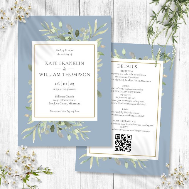 Invitación Dusty Blue Greenerenery Todo En Un Boda De Código  (Dusty Blue Greenery All In One QR Code Wedding Invitation)