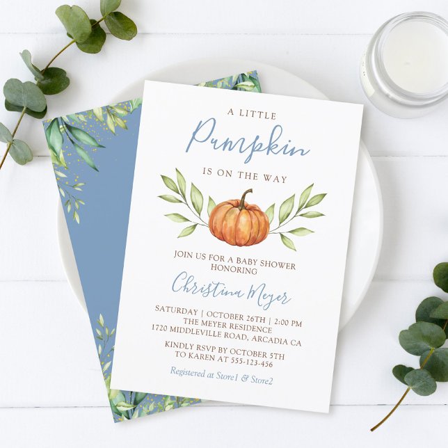 Invitación Dusty Blue Greenery Autumn Pumpkin Baby Shower (Subido por el creador)