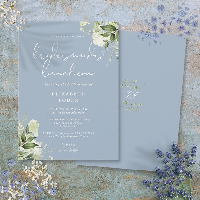 Invitación Dusty Blue Greenery Bridesmaids Luncheon (Dusty Blue Greenery Bridesmaids Luncheon Invitation)