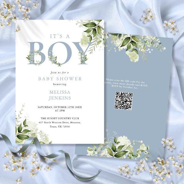 Invitación Dusty Blue Greenery Código QR de Niño Baby Shower (Its A Boy Dusty Blue Greenery QR Code Baby Shower Invitation)