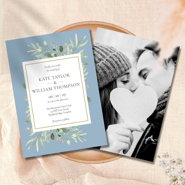 Invitación Dusty Blue Greenery deja a un Boda fotográfico (Subido por el creador)