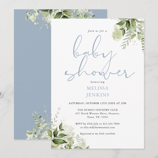 Invitación Dusty Blue Greenery Floral Boy Baby Shower (Anverso / Reverso)