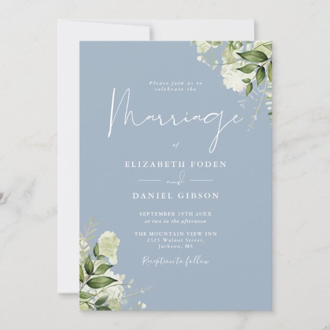 Invitación Dusty Blue Greenery Floral Floral QR Code Boda (Anverso)