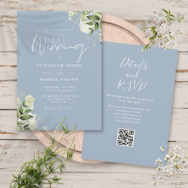 Invitación Dusty Blue Greenery Floral Floral QR Code Boda