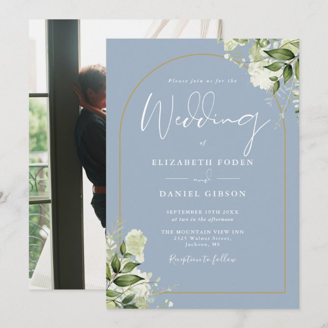 Invitación Dusty Blue Greenery Floral Gold Arch Foto Boda (Anverso / Reverso)