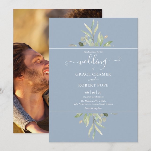 Invitación Dusty Blue Greenery Foto Boda de guión dorado (Anverso / Reverso)