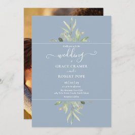 Invitación Dusty Blue Greenery Foto Boda de guión dorado