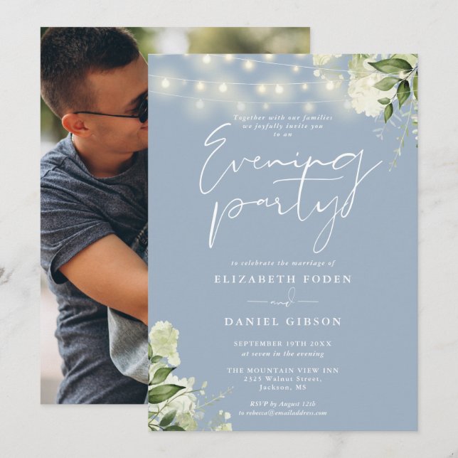 Invitación Dusty Blue Greenery Foto Boda Fiesta de la noche (Anverso / Reverso)