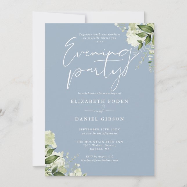 Invitación Dusty Blue Greenery Foto Boda Fiesta de la noche (Anverso)