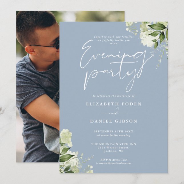 Invitación Dusty Blue Greenery Foto Boda Fiesta de la noche (Anverso / Reverso)