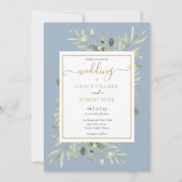 Invitación Dusty Blue Greenery Gold Geometric Script Boda
