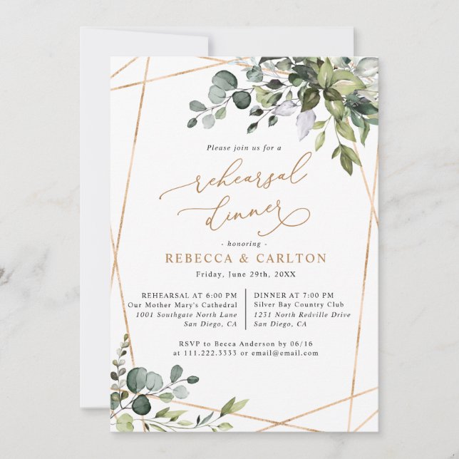 Invitación Dusty Blue Greenery Gold Rehearsal Dinner (Anverso)
