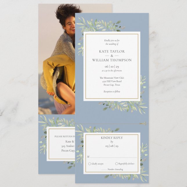 Invitación Dusty Blue Greenery Invitado De Un Boda De Fotogra (Anverso / Reverso)