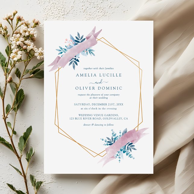 Invitación Dusty Blue Greenery Modern Gold Geometric Wedding (Subido por el creador)