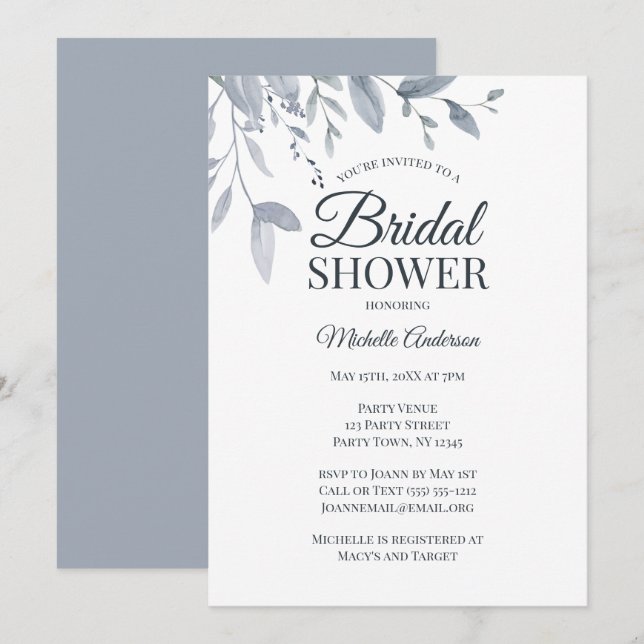 Invitación Dusty Blue Greenery Watercolor Ducha Nupcial (Anverso / Reverso)