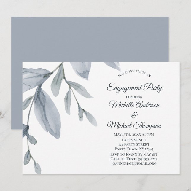 Invitación Dusty Blue Greenery Watercolor Engagement Party (Anverso / Reverso)