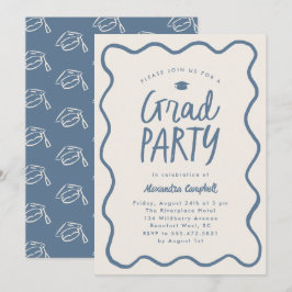 Invitación Dusty Blue Hand Drake Squiggle Graduation Party